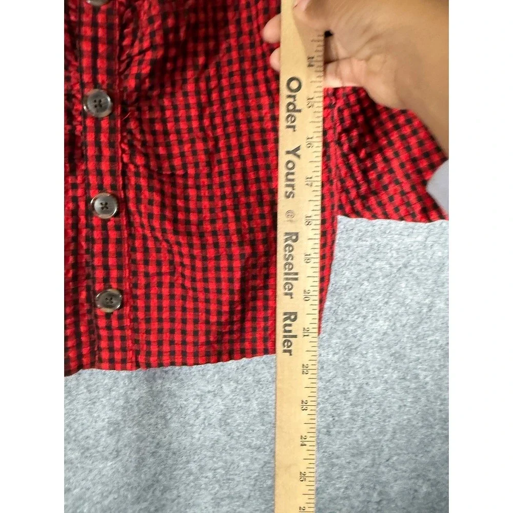 LOFT Women 6 Red Black Gingham Square Neck Puff Sleeve Button Front Top Academic